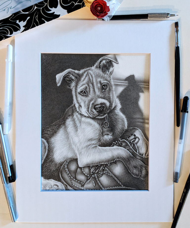 Puppy Portrait, 8"x10", Graphite and Ink on Paper, SOLD