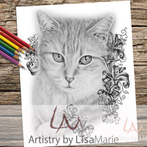 Tabby Cat Sitting With Lilies Coloring Page
