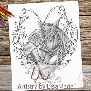 Woman with Horse and Heart Coloring Page