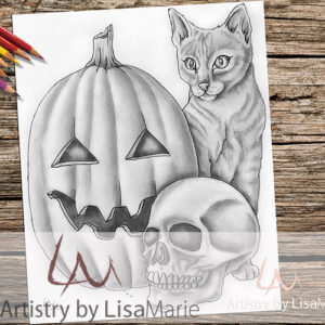 Cat With Skull And Pumpkin Printable Coloring Book Page