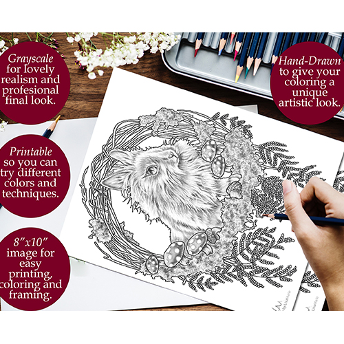 Lionhead Bunny Rabbit In Wreath Printable Coloring Book Page – Artistry ...