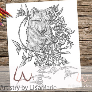 Wolf in wreath coloring book page
