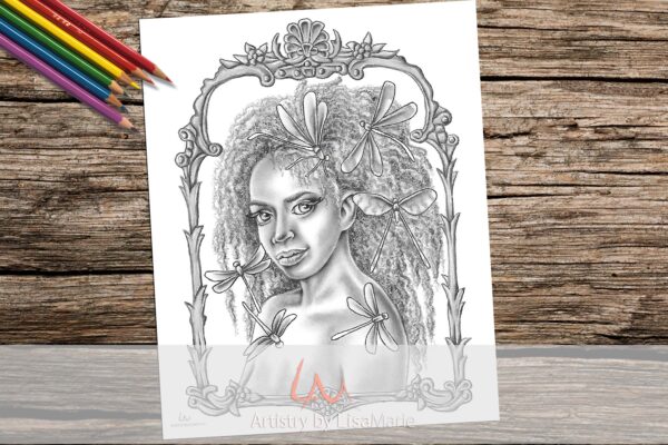 woman with dragonflies printable coloring page
