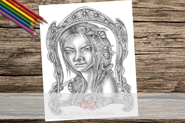 Woman with bees coloring page